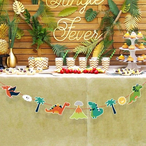 Colorful cartoon dinosaur banner with volcano and palm trees for jungle birthday party décor