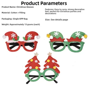 Detalle de gafas navideñas con purpurina y diseños de árboles y sombreros de elfo