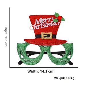 Especificaciones de tamaño detalladas para gafas navideñas verdes con gorro de Papá Noel