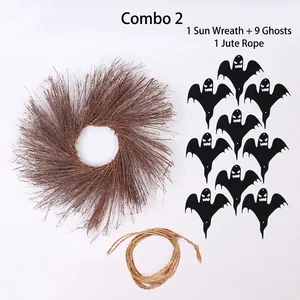 Halloween DIY kit with a natural twig wreath, 9 black ghost charms, and jute hanging rope