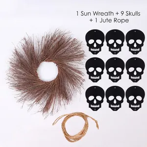 Detailed set featuring a dry twig sun wreath with nine black skulls and natural jute twine