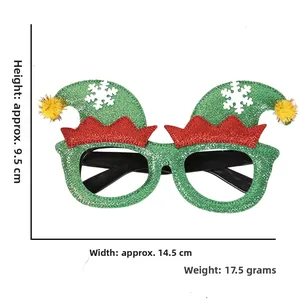 Montura de gafas de elfo de Navidad con purpurina verde, copos de nieve y pompón amarillo