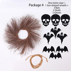Detail of Halloween DIY wreath kit with skulls, bats, ghosts and natural twig circle