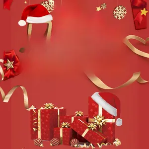 Detailed close-up of a red plush Santa hat with white pom-pom and gold ribbon gift boxes