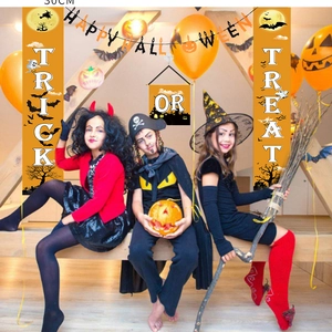 Trick or Treat Halloween banner set with kids and festive scene decorations
