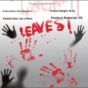 Macro detail of waterproof Halloween bloody handprint stickers showing dimensions 2m x 90cm