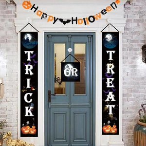 Halloween Porch Banner Set Trick Or Treat Door Couplet Pumpkin Bat Ghost Pattern Festive Party Home Hanging Decoration