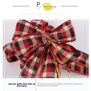 Detail of plaid Christmas bow with flexible wire and shimmering red glitter edges