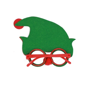 Funny Christmas glasses with green elf hat and red round frame for holiday party costumes