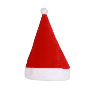 Classic red plush Christmas hat with white faux fur trim and pompom on white background