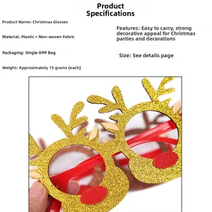 Detail view of festive Christmas reindeer antler glasses with gold sequins and red fabric