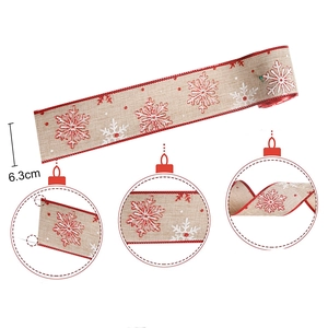2M Christmas burlap ribbon with snowflake patterns and red stitched edges, 6.3cm width