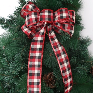 Christmas Buffalo Plaid Bow Decoration For Christmas Tree Red Black White Check Fabric Ribbon Bow With Glitter Edge