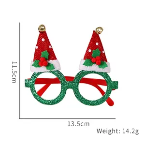 Lunettes de Noël pailletées vertes avec chapeaux de Père Noël rouges, taille 13,5x11,5cm