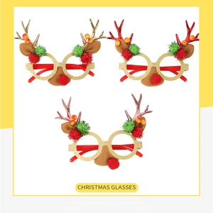 Three-piece set of cartoon reindeer antler glasses with red pom-poms and glitter frames