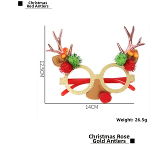 Detailed view of Christmas glasses with rose gold reindeer antlers and gold sequins