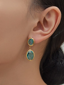 Close-up of gold-plated drop earrings featuring two oval blue gemstones on a model