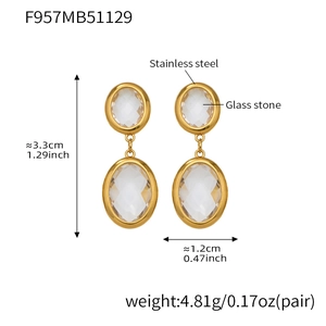 Detail view of 18k gold plated stainless steel oval earrings with faceted glass stones