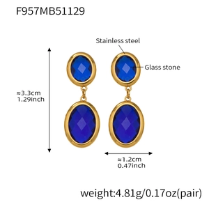 Detail of 18k gold plated stainless steel earrings with blue glass stone dimensions