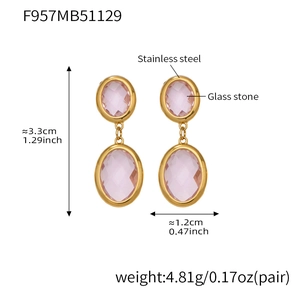Detail view of pink glass stone drop earrings in stainless steel with size measurements