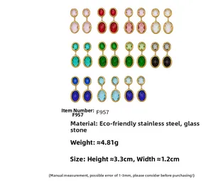 Macro view of stainless steel oval earrings with faceted glass stones in various colors