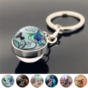 Vintage Double Sided Glass Ball Hummingbird Keychain Zinc Alloy Flower Art Illustration Pendant Keyring For Women Men Gift