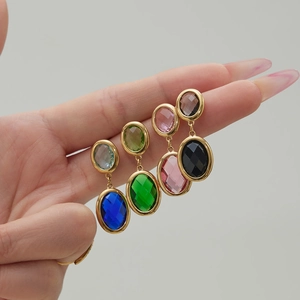 18k gold plated stainless steel oval earrings with faceted colorful glass stones