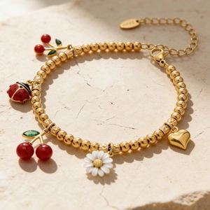 Bracelet en perles d'acier doré avec breloques émaillées cerise, coccinelle et marguerite