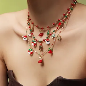 Collier De Noël Acier Inoxydable Émail Pendentifs Père Noël Arbre Chaussette Chaîne Perlée Bijoux De Fête Pour Femmes