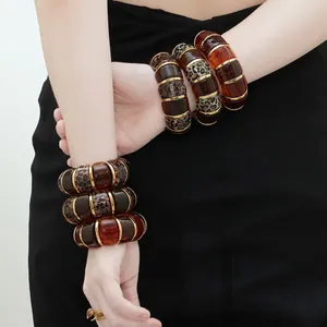 Chunky Wide Bangle Bracelet Resin Stainless Steel Leopard Print Gold Plated Bohemian Vintage Fashion Statement Jewelry