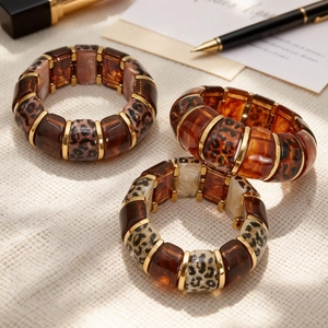 18k gold plated stainless steel leopard resin cuff bracelets with amber acrylic links
