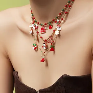 Christmas Santa Claus Snowman Pendant Necklace Stainless Steel Enamel Zircon Multi Layer Festive Jewelry For Women