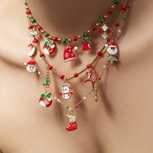 Three-layer Christmas necklace with Santa and snowman enamel pendants on gold chain