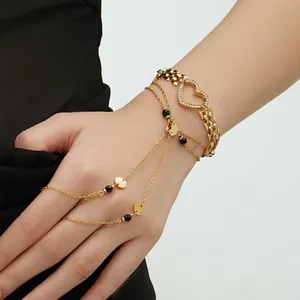Heart Stainless Steel Bracelet And Hand Chain With Zircon Natural Stone 18K Gold Plated Elegant Jewelry For Women
