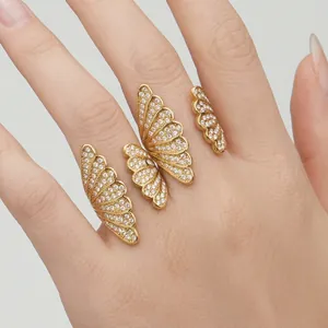 Stainless Steel Adjustable Ring 18K Gold Plated 5A Zircon Fan Shape Butterfly Wing Micro Pave Jewelry For Women