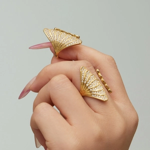 Adjustable gold plated stainless steel ginkgo leaf rings with pave set cubic zirconia