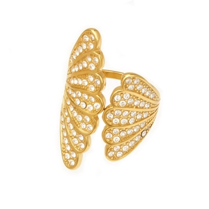 18k gold plated stainless steel open ring with pavé zircon wing-shaped fan design