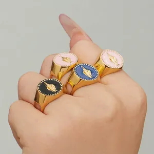 Chevalière Acier Inoxydable Plaqué Or 18K Émail Vierge Marie Relief Creux Vintage Bijoux De Mode Pour Femmes