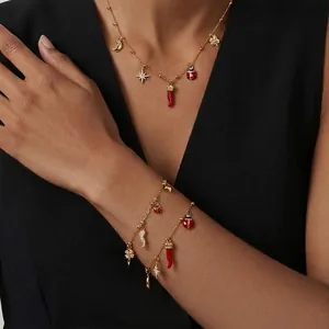 Bijoux En Acier Inoxydable Plaqué Or Pour Femmes Collier Et Bracelet Avec Charmes Piment Coccinelle Trèfle Zircon