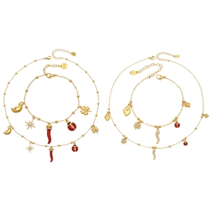 Parure bijoux en acier inoxydable doré avec charms cœur, trèfle et émail rouge
