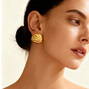 Hammered Textured Geometric Stud Earrings 18K Gold Plated Stainless Steel Wrinkled Niche Style For Women Jewelry