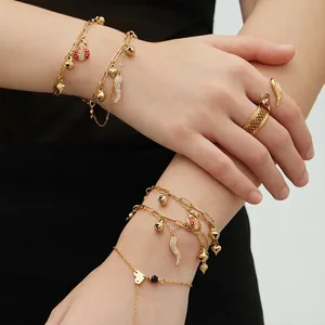 Bracelet Double Couche en Acier Inoxydable Plaqué Or 18K Luxe Femme Pendentif Coccinelle Cœur Clochette Bijoux