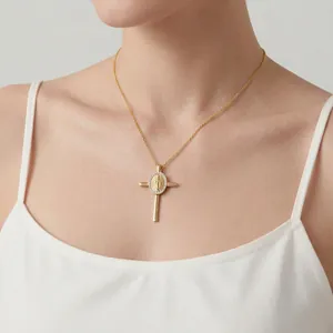 Collana Con Ciondolo A Croce Della Vergine Maria Acciaio Inossidabile Placcato Oro 18K Zircone Gioielli Religiosi