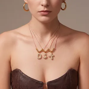 Initial Letter Pendant Necklace With Colorful Braided Rope Stainless Steel Beads Zircon For Women Bohemia Style