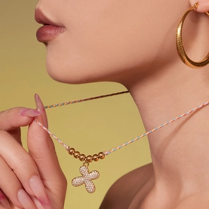Colorful woven necklace with gold beads and sparkling zircon star pendant for women