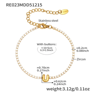 Detailed view of 18k gold plated stainless steel tennis bracelet with Zircon letter U