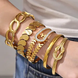 Modisches Armreif Armband Edelstahl 18K Vergoldet Geometrisch Zirkon Knoten Blatt Ausgehöhlt Luxusschmuck Für Damen