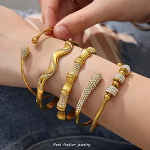 Bracelet Jonc Ouvert En Acier Inoxydable Géométrique Zircon Élégant Motif Vague Bambou Bijoux Mode Pour Femmes
