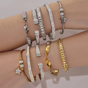 Luxe Bracelet Acier Inoxydable Zircon Pavé Plaqué Or Étoile Pendentif Chaîne Serpent Géométrique Torsadé Bijoux Femmes