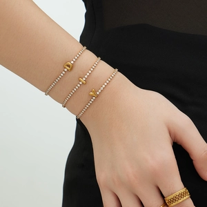 Sparkling 18k gold plated stainless steel letter charm bracelets with zircon stones
